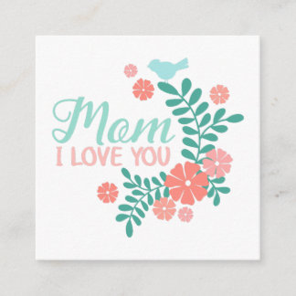 Mom I love you text, pink flowers, blue birds Informatiekaartje