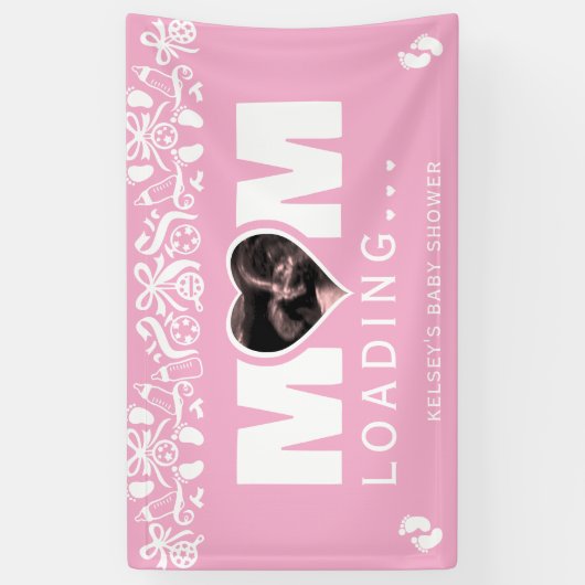 Mom Loading Photo Ultrasound Pink Baby Shower Spandoek (Verticaal)