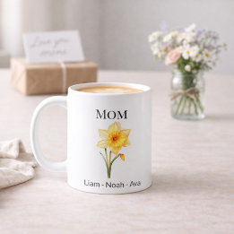 Mom March Birth Flower with Kids Names Koffiemok