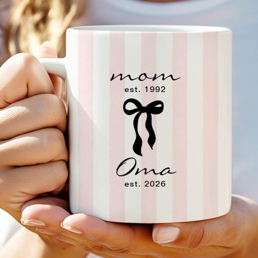Mom to Oma Mug Pink Bow Stripes