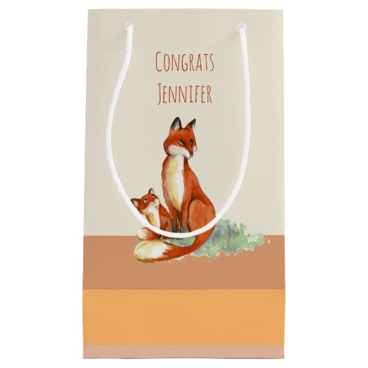 Momma Fox en Baby Illustratie Waterverf Klein Cadeauzakje (Voorkant)
