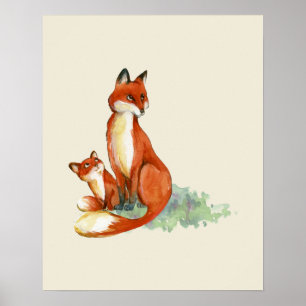 Momma Fox en Baby Illustratie Waterverf Poster