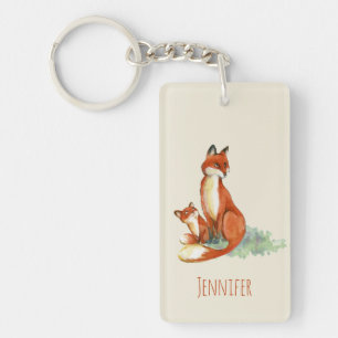 Momma Fox en Baby Illustratie Waterverf Sleutelhanger