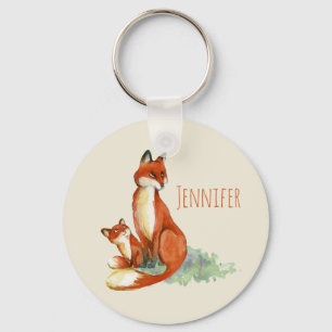 Momma Fox en Baby Illustratie Waterverf Sleutelhanger