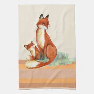 Momma Fox en Baby Illustratie Waterverf Theedoek