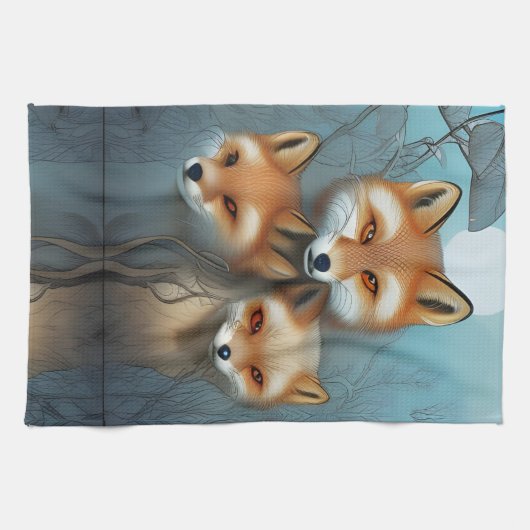 Momma fox en twee baby's theedoek (Horizontaal)