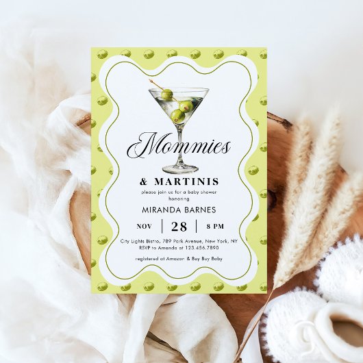 Mommies & Martinis Olive Martini Glass Baby shower Kaart