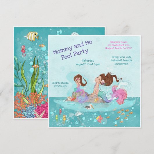 Mommy & Me Pool Girly Brunette Mermaids Invitation (Devant / Derrière)