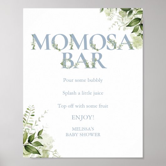 Momosa Bar Groene Bloemen Stof Blauw Baby Shower Poster (Voorkant)
