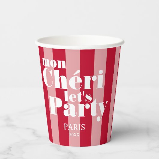 Mon Cherie Let's Party Kersenrood Vette Streep Papieren Bekers (Achterkant)