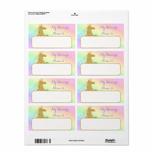 Mon Nom Unicorne Est Étiquette Rainbow & Gold (Feuille entière)
