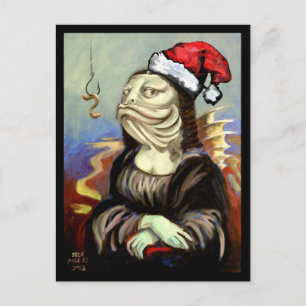 Mona Lisa als een vis in een Santa Hat Feestdagenkaart