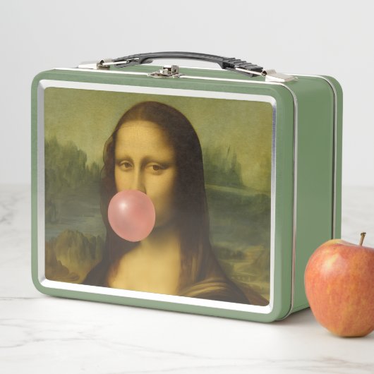 Mona Lisa blaast roze bubbelkauwgom (In situ)