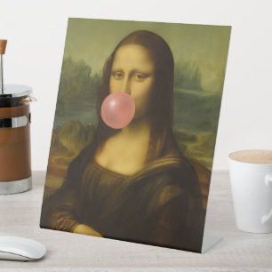 Mona Lisa blaast roze bubbelkauwgom Reclamebord Met Voetstuk