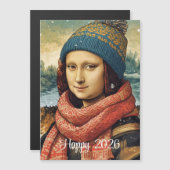 Mona Lisa en bonnet - Joyeux 2026 carte magnétique (Devant / Derrière)