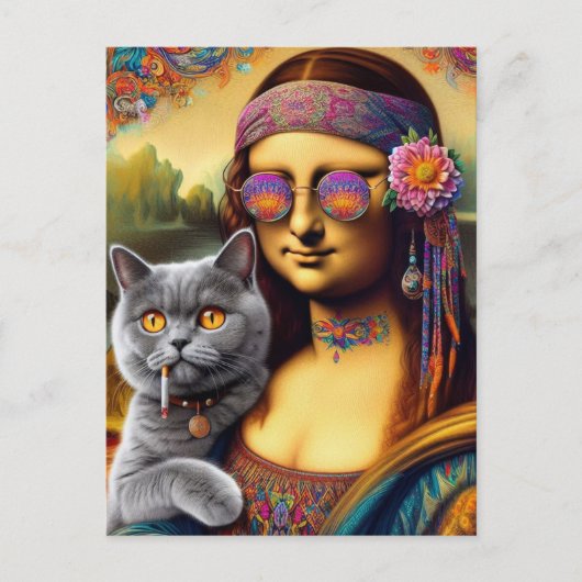 Mona Lisa Hippie Roken Grijs Kat Briefkaart (Voorkant)