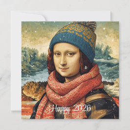 Mona Lisa  in beanie  - Happy 2026 Feestdagenkaart