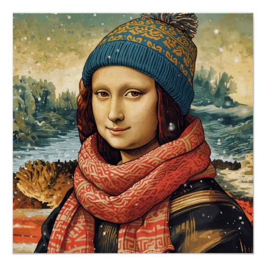 Mona Lisa in beanie - winter vibes Perfect Poster (Voorkant)