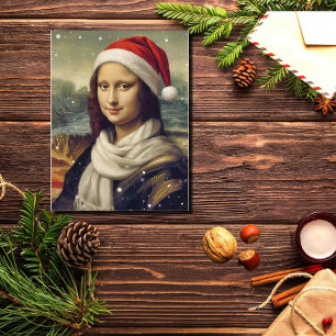 Mona Lisa in kerstmuts - vrolijke sfeer Briefkaart