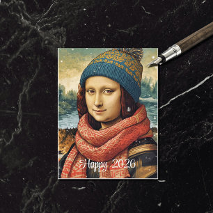 Mona Lisa in muts - Gelukkig 2026 Feestdagenkaart