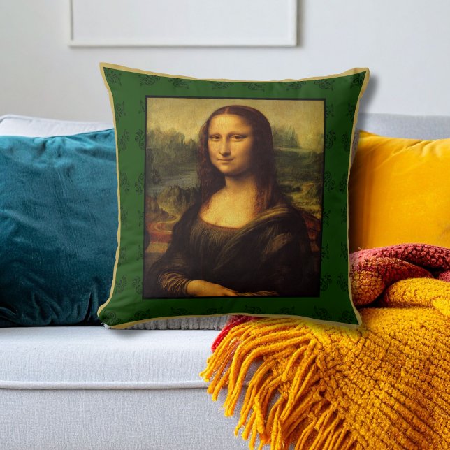 Mona Lisa Kussen - Groen patroon Gooi Kussen (Creator heeft geüpload)