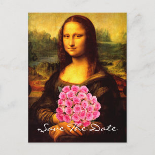 Mona Lisa met boeket van roze rozen Aankondigingskaart