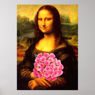 Mona Lisa met Boeket van Roze Rozen Poster
