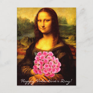 Mona Lisa met een bolle roze rozen Feestdagenkaart