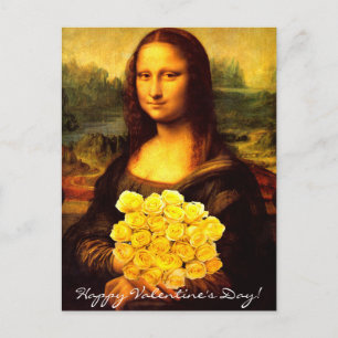 Mona Lisa met een bolletje gele rozen Feestdagenkaart