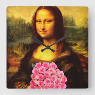 Mona Lisa met een bolling van roze rozen Vierkante Klok