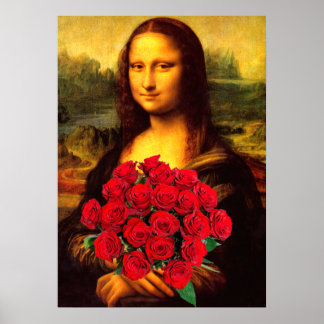 Mona Lisa met een eenhoevige rode rozen Poster