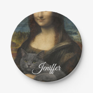 Mona Lisa met elegante grijze kat Papieren Bordje