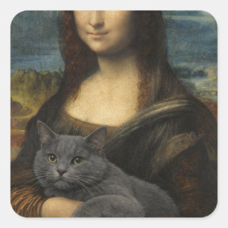 Mona Lisa met elegante grijze kat                 Vierkante Sticker