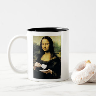 Mona Lisa met hete thee vasthoudend Leonardo da Vi Tweekleurige Koffiemok