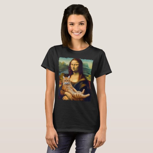 Mona Lisa met Oranje kattenschilderkunst T-shirt (Voorkant volledig)