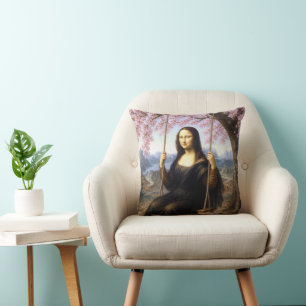 Mona Lisa op een schommel in kersenbloesem Kussen