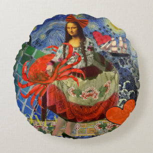 Mona Lisa Starry Night Collage: Whimsiek Surrealis Rond Kussen