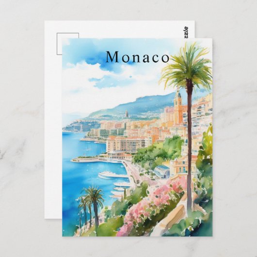 Monaco Waterverf Retro Reizen Mediterraan Briefkaart (Voorkant / Achterkant)