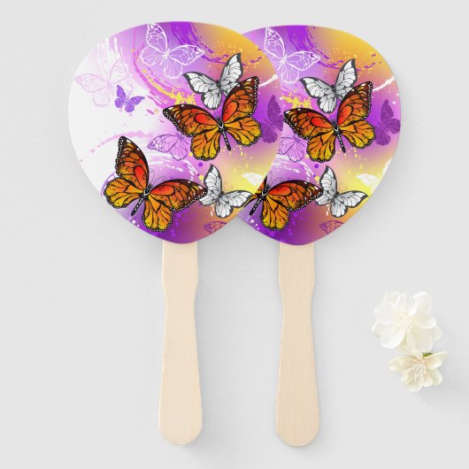Monarch Butterflies on Purple Background Handwaaier (Voorkant en achterkant)
