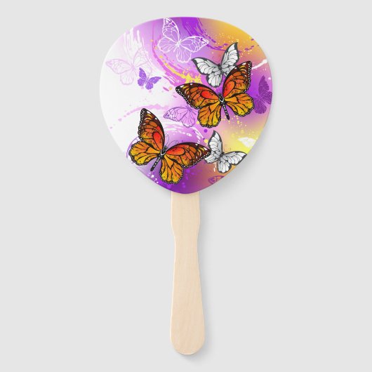 Monarch Butterflies on Purple Background Handwaaier (Achterkant)