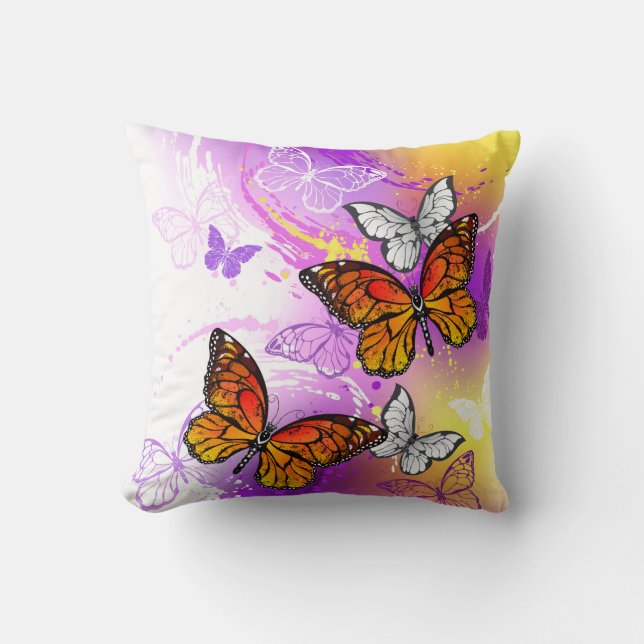 Monarch Butterflies op Paarse achtergrond Kussen (Voorkant)
