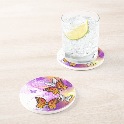 Monarch Butterflies op Paarse achtergrond Zandsteen Onderzetter (Zijkant)
