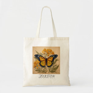 Monarch Butterfly op Goldenrod Bloemen met Naam Tote Bag