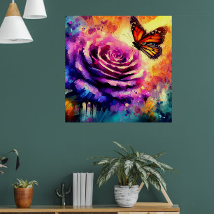 Monarch Butterfly op Paarse Roos bij Sunset Floral Poster
