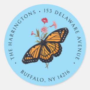 Monarch Butterfly Sky Blue Retouradres Ronde Sticker