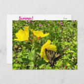 Monarch vlinder, geel primrose briefkaart ©️dh (Voorkant / Achterkant)