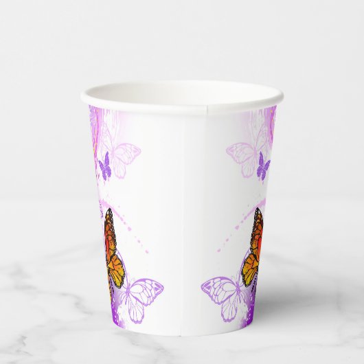 Monarchvlinders op paarse achtergrond papieren bekers (Rechts)