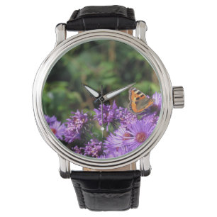 Monboogvlinder en paarse bloemen horloge