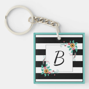Mondern Black Stripes en Floral Monogram Sleutelhanger