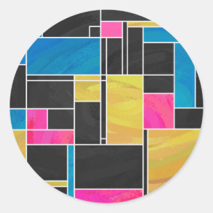 Mondriaan Blauw Roze Zwart afdrukken Ronde Sticker